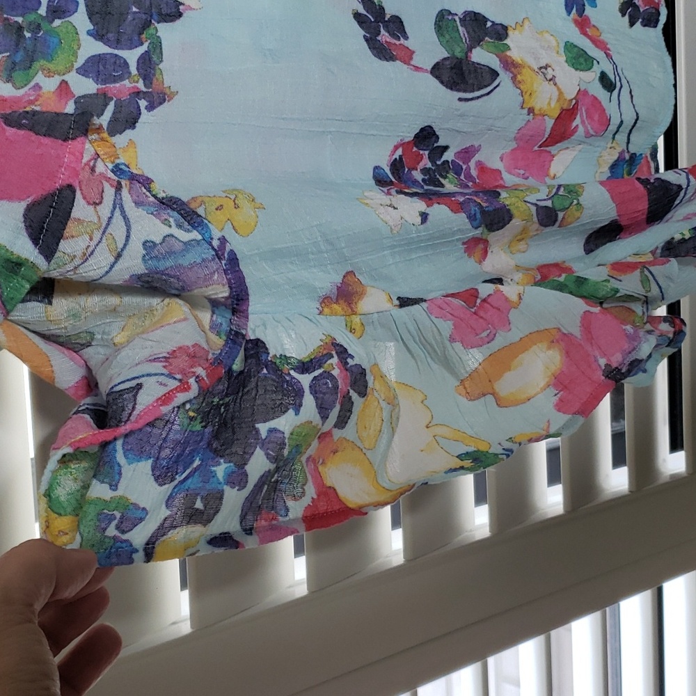 Zac & Rachel Side Ruffle Floral Top Blue Purple Pink Yellow Print Size L - Picture 5 of 7